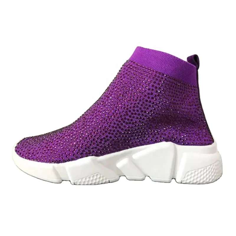 

Top New Lace Flashing Knit High-top Sneakers, High-quality Socks Shoes, Knitting Designer Running Shoes ladys sneakers, Black / purple / yellow / orange