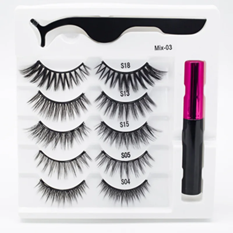 

Hot Selling Low Price 5 pairs Magnetic Eyelash With 1 magnetic eyelash glue and 1 tweezers In the gift box, Natural black