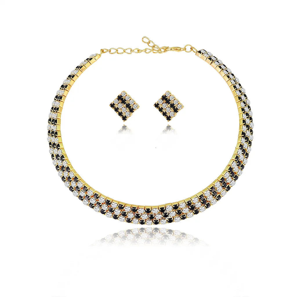 

Bride Jewelry Set for Women Necklace Choker Chain Fashion Temperament Alloy Diamond Black and White Jewelry Two-piece Set