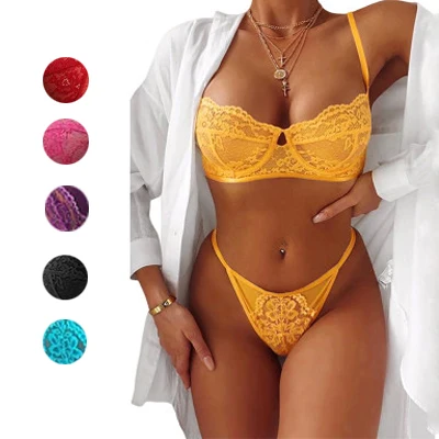 

2021 Plus Size Yellow Sexy Lingeries Flowery Pattern Solid Blossom Shapewear 2 Pieces Women Lace Lingerie Set, Pink blue black purple red yellow