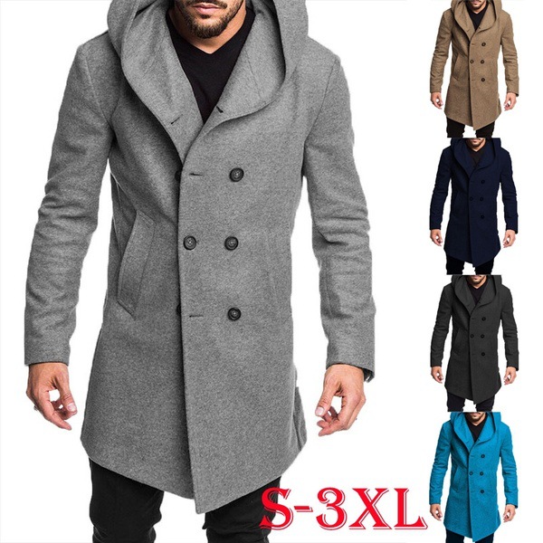 

BS1101 Winter Spring Autumn Men Clothing Solid Side Pockets Double Breasted Hooded Woolen Coat
