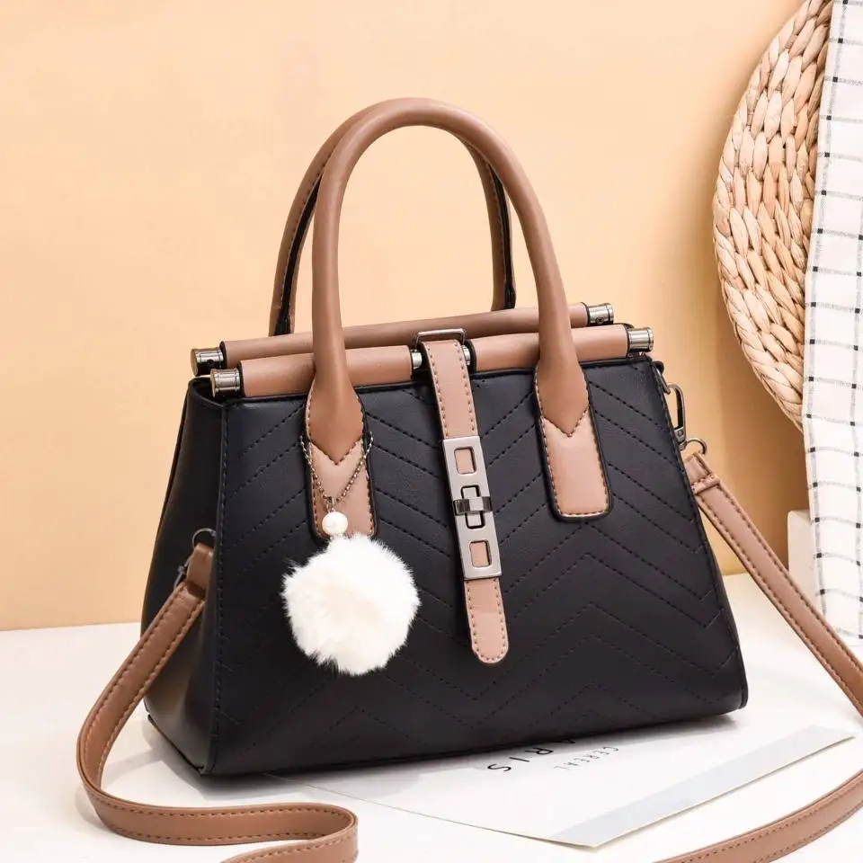 

New Style Fashion Leather Pure Color Embossed Patten Hair Ball Pendant Woman Shoulder Bag Handbag, Red green khaki yellow black