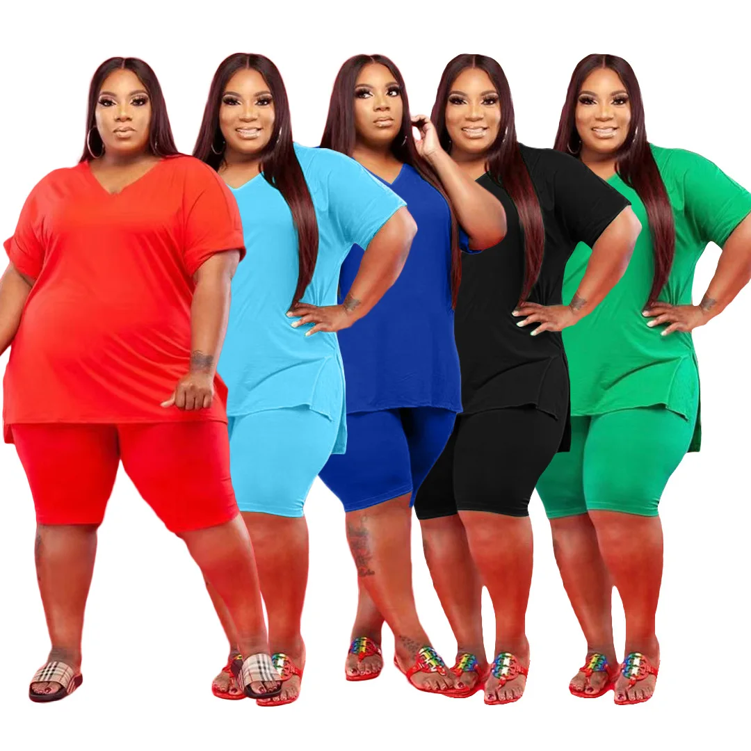 

YD - Q7143 L - 5XL 2021 In stock Casual simple summer shorts sets work out solid color v-neck women's plus size sets