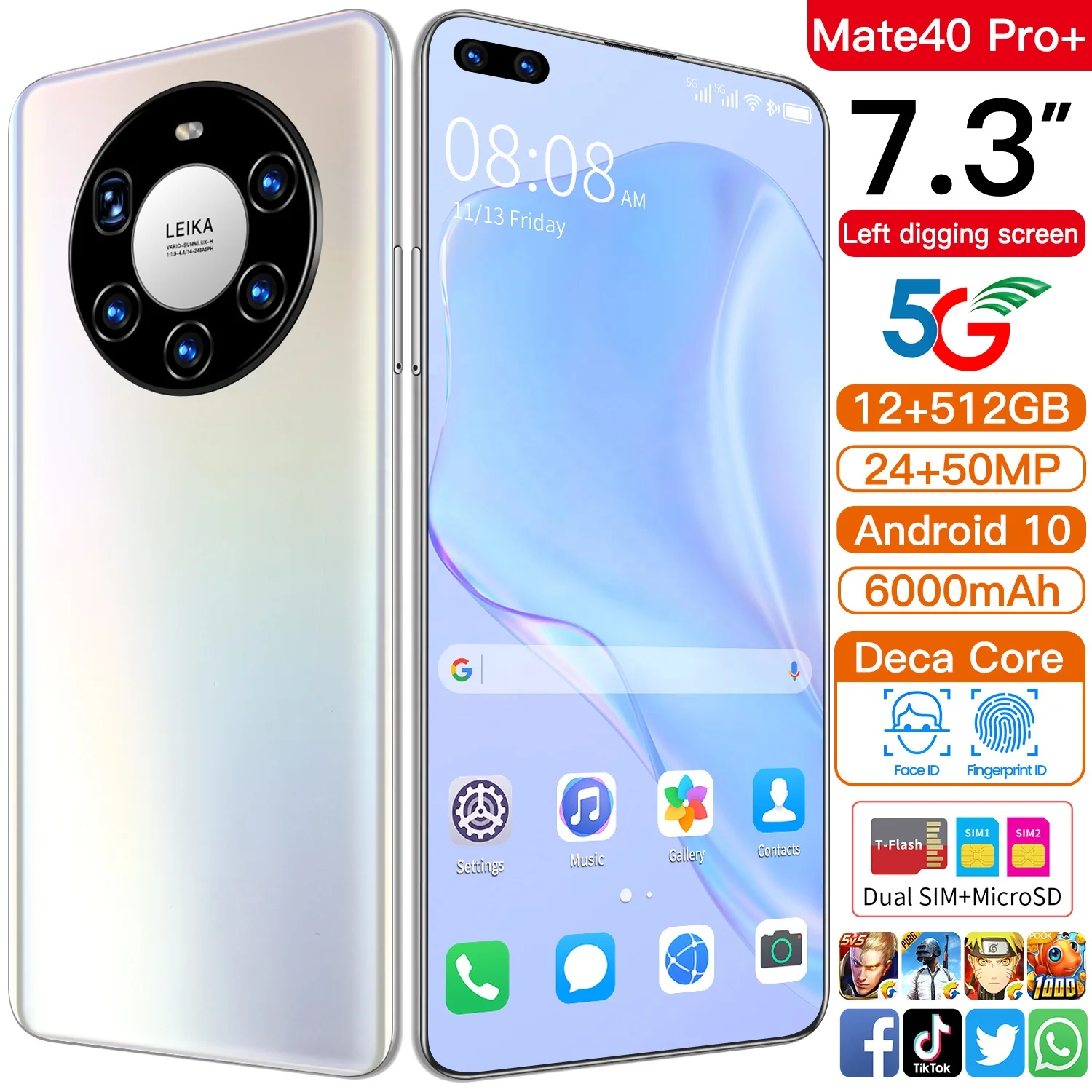 

Hot Selling Mate 40 Pro+ 12GB+512GB 7.3 Inch full Display Android 10.0 Mobile Cell Smart phone, Black/yellow/green/silver