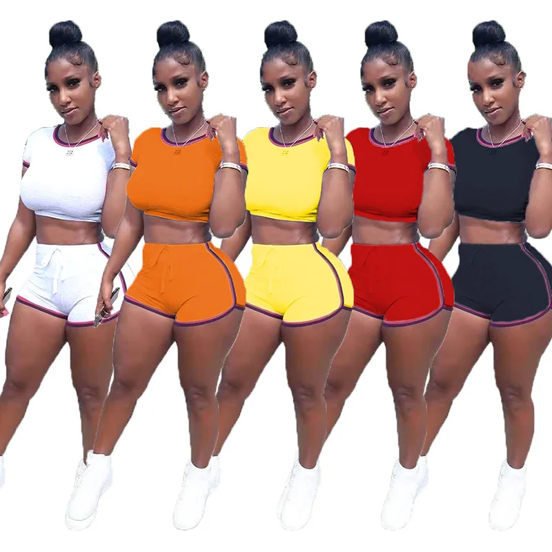 

Summer Sport woman clothing solid color Crop Top Fitness Tights Two Piece Short Pajama Pant Sets, White, yellow, orange, red, black