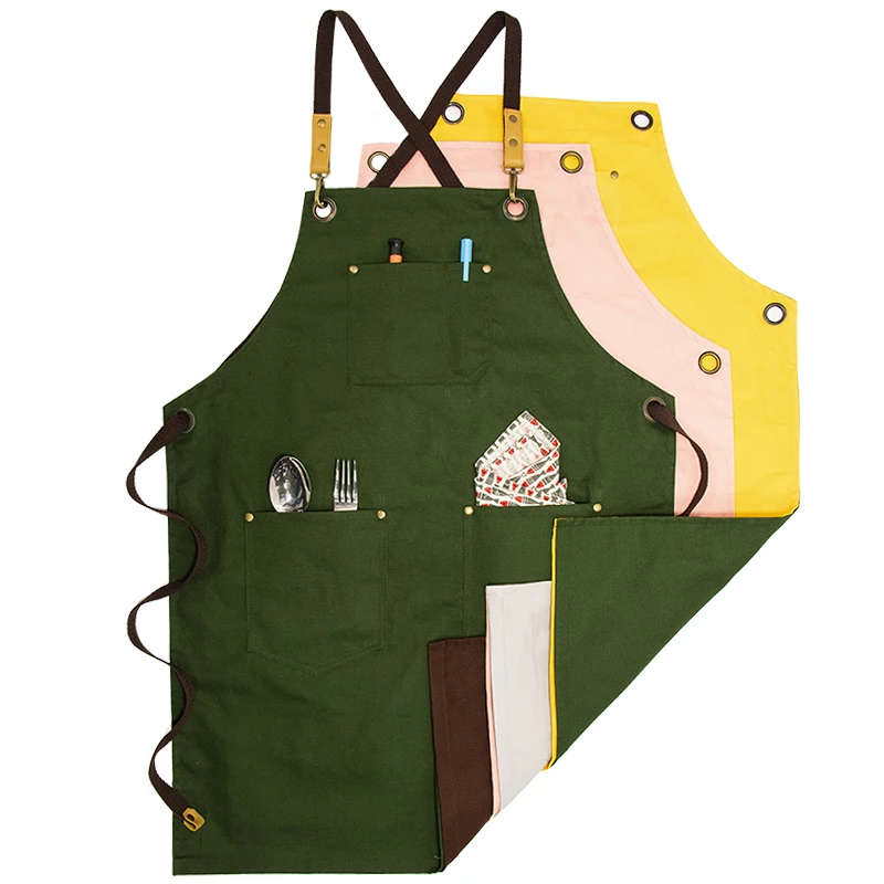 

100% cotton canvas gardening bib double sided color kitchen apron, Pink+gray,army green,dark khaki, customized color