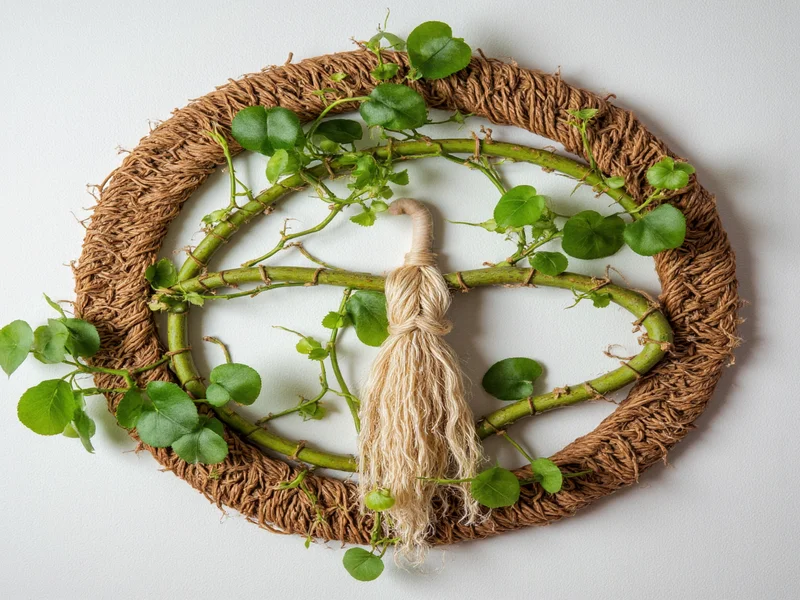 Artisan weaving vine materials into wall hanging