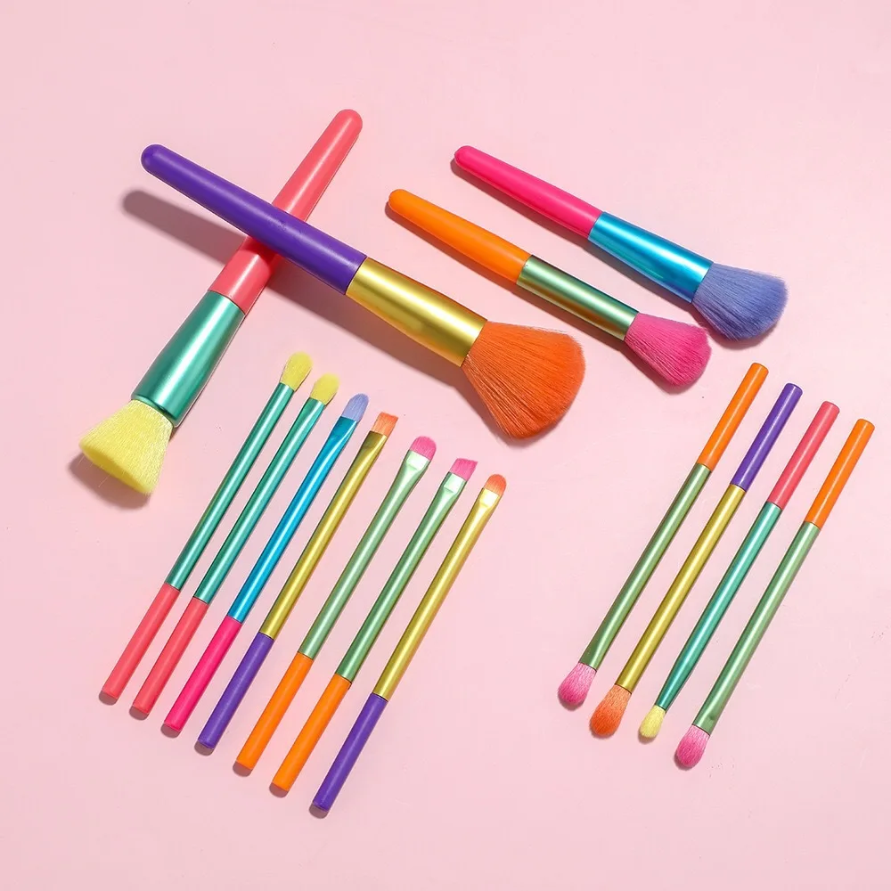 

FEIYAN In Stock Wholesale Rainbow 15pcs Neon Color Cosmetic Make Up Brush Set Custom Logo Colorful Makeup Brush Set