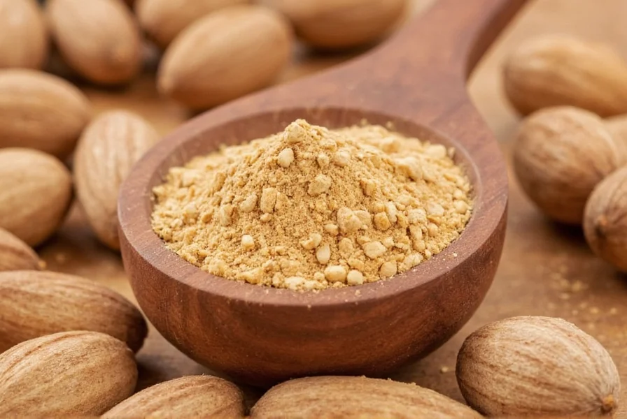 Nutmeg powder used in various international dishes including béchamel sauce, pumpkin pie, and Indian curry