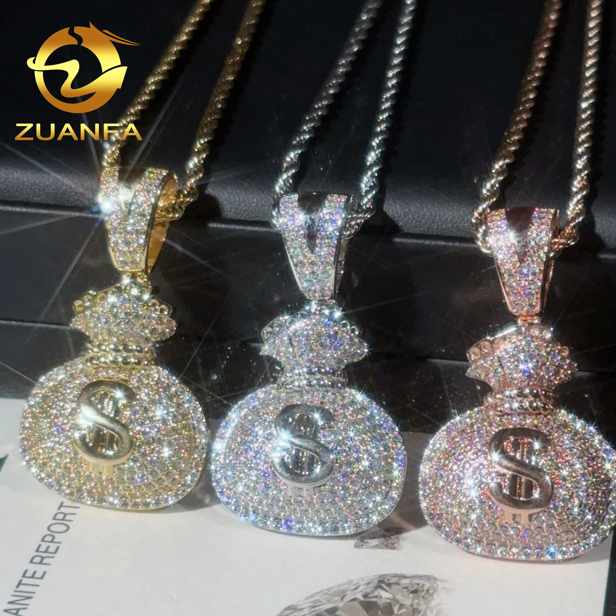 48h Shipping 925 Solid Silver Lucky Money Bag Moisssanite Pendant Hip Hop Jewelry Iced Out Pendant Free Rope Chain