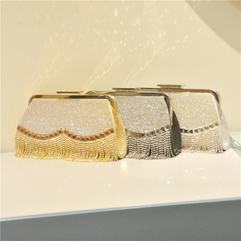 

2022 Hot sale Diamond Stylish Elegant Rhinestone Tassels Party Banquet Ladies Clutch Evening Bags, Silver