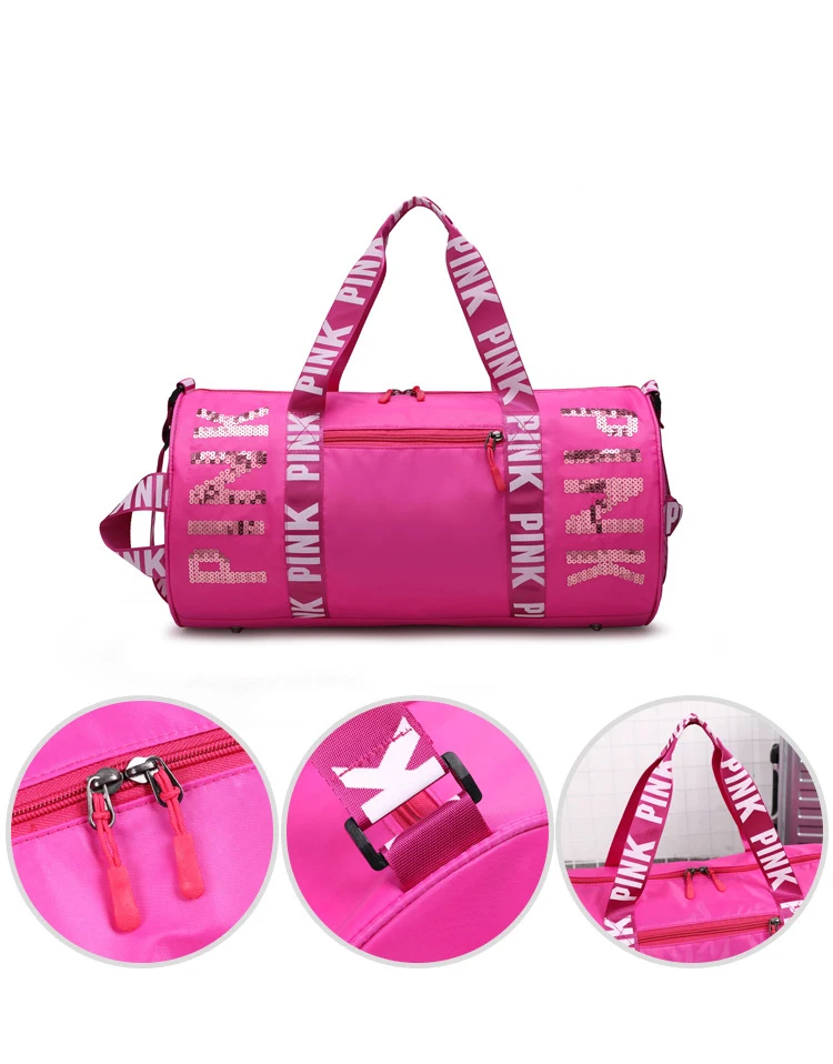 

Wholesale custom fashion logo Sequin Pink foldable sport gym women mens waterproof travel duffel bag pink duffel bag duffle bag, As show