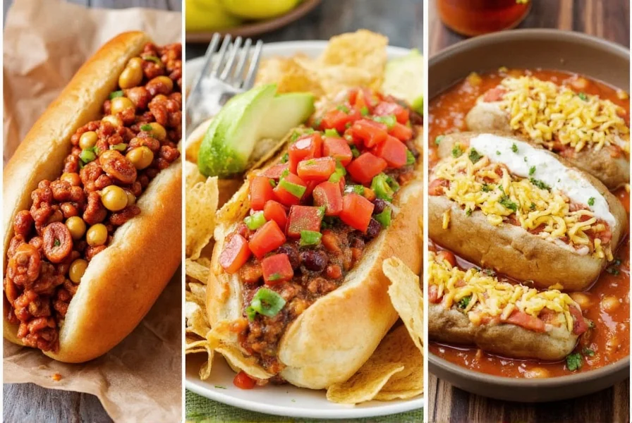 Various recipe applications of canned chili no beans including chili dogs, nachos, and stuffed potatoes