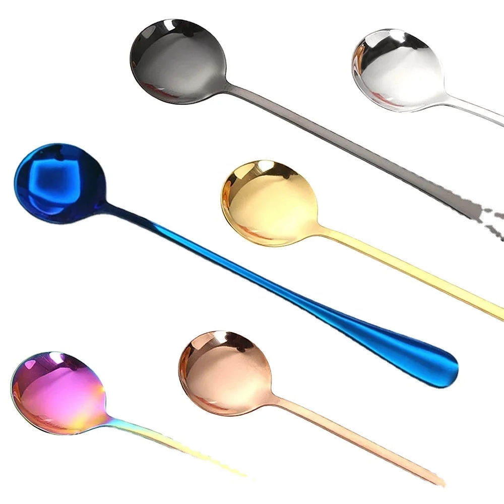 

QY Vacuum plating stainless steel coffee spoon long handle teaspoon kitchen hot drink tableware many colors optional round head, Color