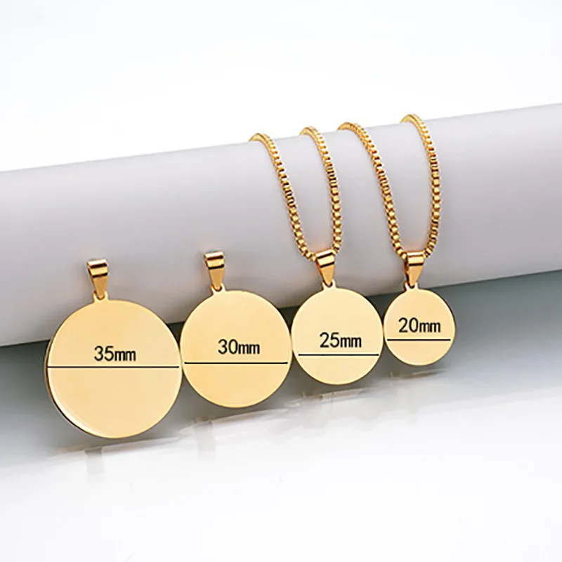 

Custom Logo 316L Stainless Steel Dog Tags Medals Pendants Necklace Mulitsize Round Coins Charm Necklace, As picture