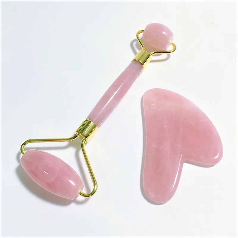 

wholesale high quality private label natural stone Rose Quartz quartz facial massager jade roller Heart Shape Gua Sha set, Pink