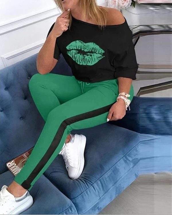 

VOOGUE Women Tracksuit Sport Casual Letter Pattern Cartoon Lip Print Crew Neck Short Sleeve T-shirt For Women Two-piece Set, Picture