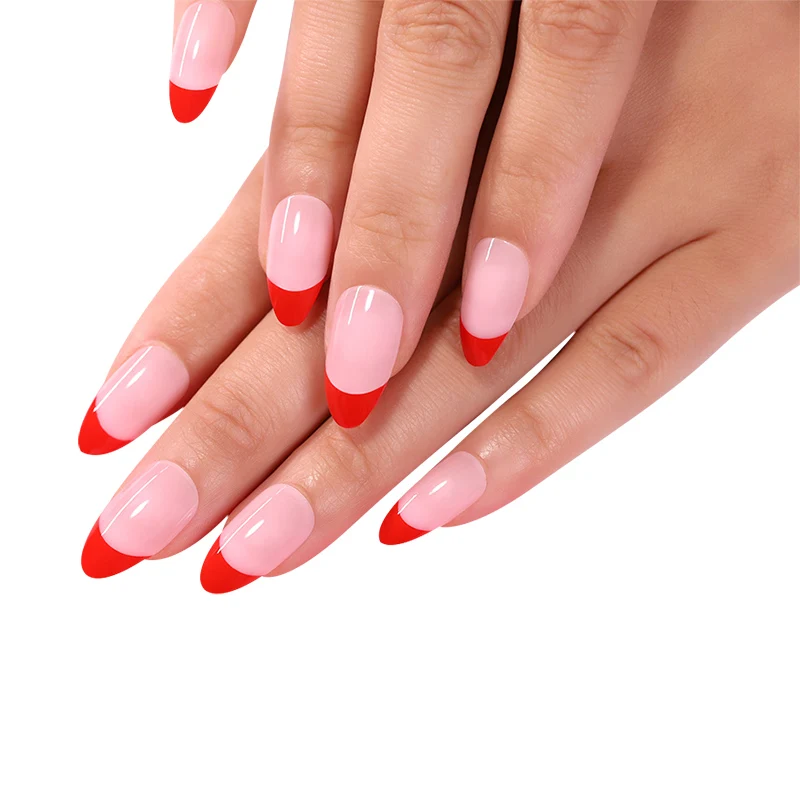

Press on Nails Medium Length Almond Pink Nails Glossy French Fake Artificial Full Cover Acrylic Finger False Nails