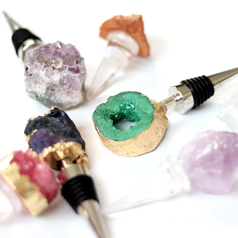 

Irregular Natural geode slicel gemstone wine bottle stopper, Chrome