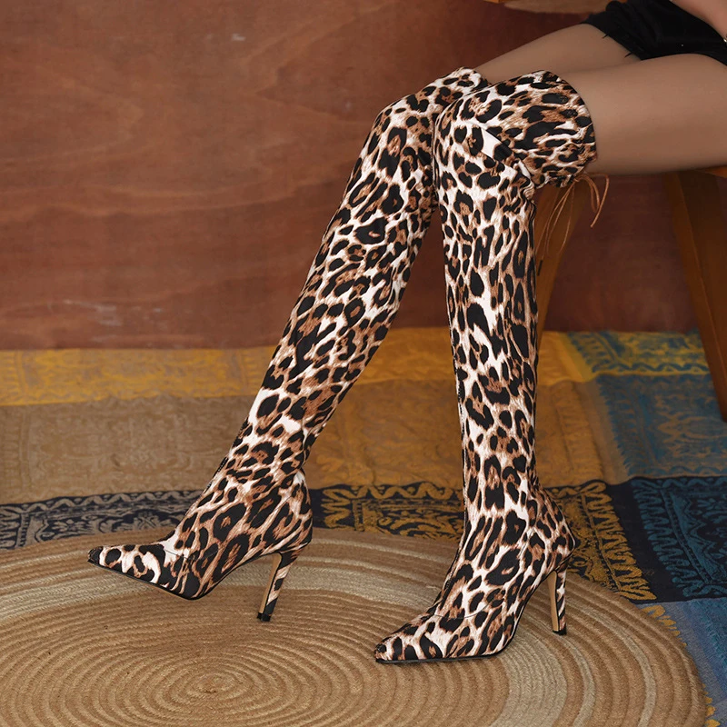 

XZ126 Fashion Thigh High Boots For Women Winter Tiger Grouper Leopard Heeled Boots, As picture