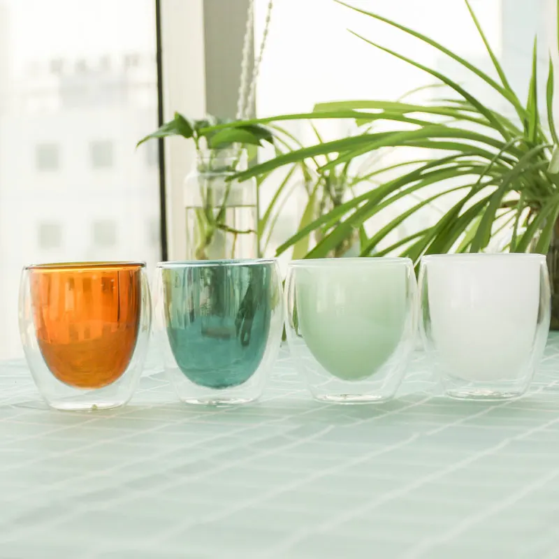 

Wholesale high quality drinking double wall cup glass high borosilicate glass coffee cup, Customized color