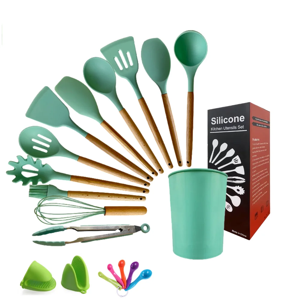 

Heat Resistant 13 Pieces Natural Wooden Handles Silicone Cooking Luxury Kitchen Utensils, Multicolor optional