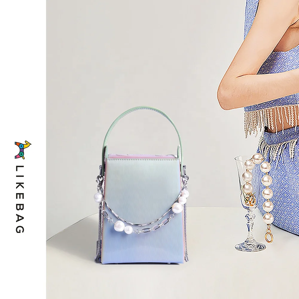 

LIKEBAG Fashion beaded mini moblie phone bag for women new korean version pearl chain shoulder hand bag with Radiance