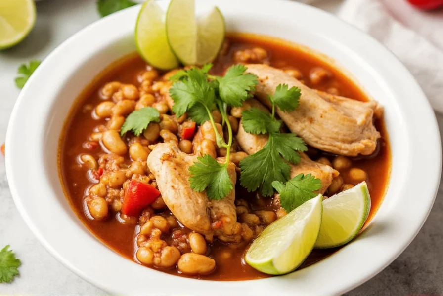 Chicken chili with cannellini beans served in white bowl with fresh cilantro garnish and lime wedges