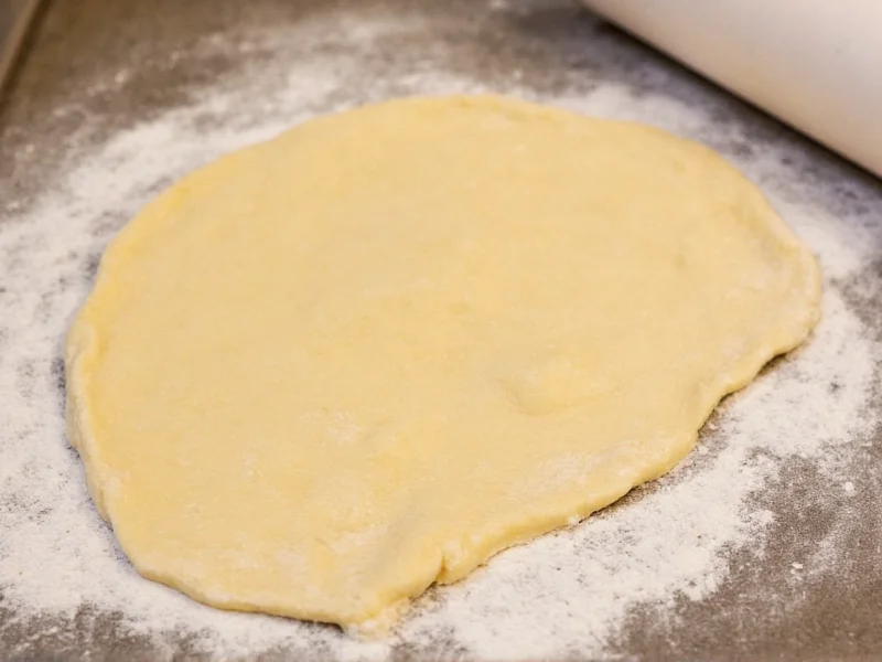 Homemade donut dough being rolled out on floured surface