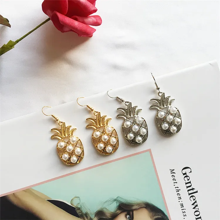 

Luxury Pineapple Pendant Jewelry Tropical Style Dubai Gold Plated Hollow Pearl Fruit Pineapple Drop Dangle Earrings, As picture