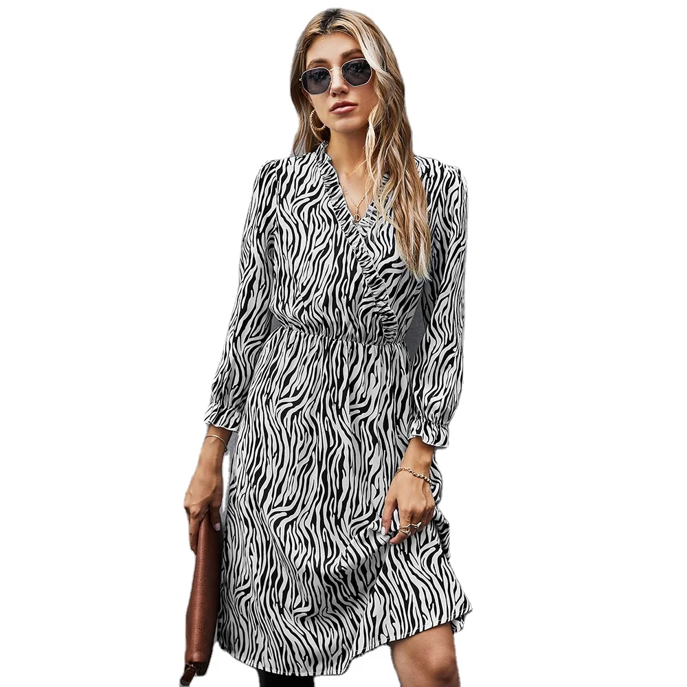 

Women's long-sleeved autumn and winter print dress mid-length striped V-neck sexy mid-length dress