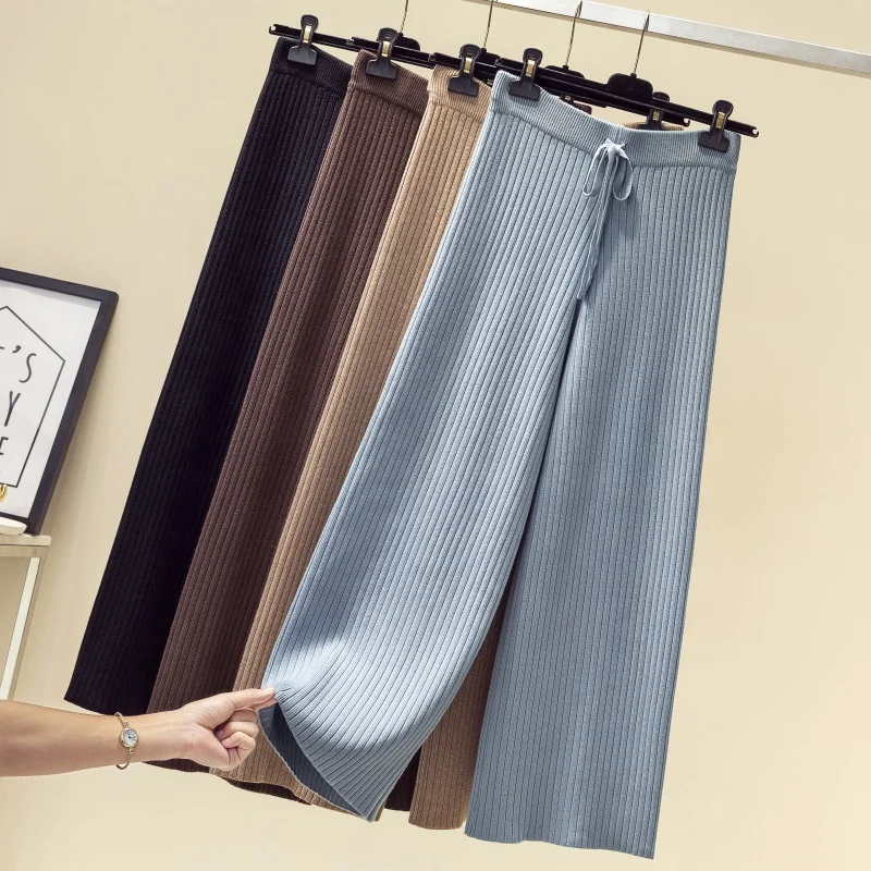 

Wholesale Autumn New High Waist Wide Leg Fashion Nine Point Knit Pants For Women, As shown