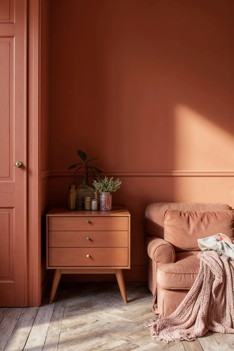 Entryway with rustic shoe bench and rust-colored rug