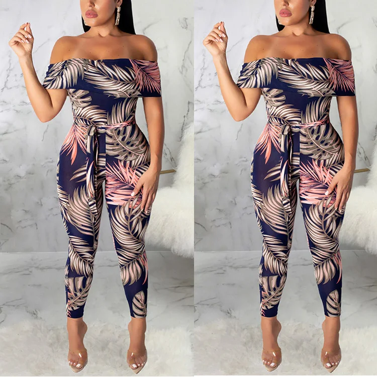 

JB-19101260 Summer New Listing Ruffle Off The Shoulder Print Floral Ladies Fashion Evening Jumpsuit, As show