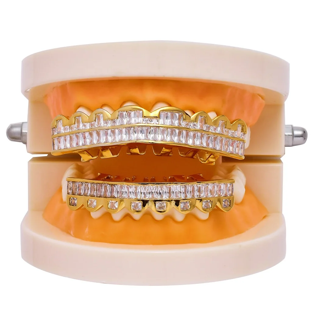 

Hip Hop Halloween Cosplay 18k Real Gold Plated Ice Out VVS Grills Custom Moissanite Diamond Grillz For Teeth