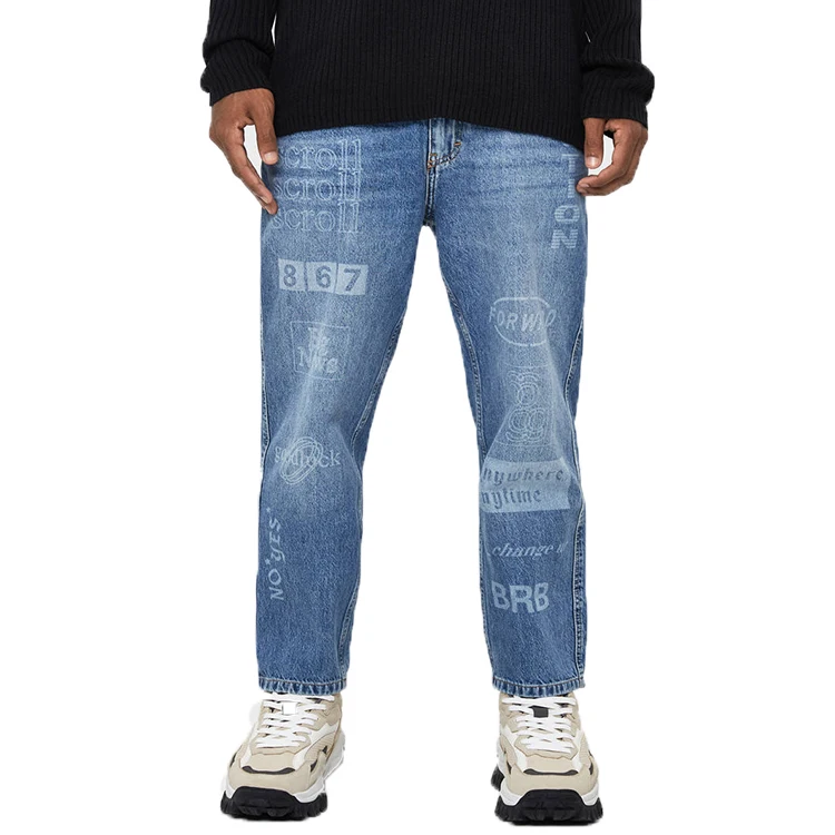 

Wholesale OEM 100% cotton loose fit denim pants fashion laser print Men's Jeans