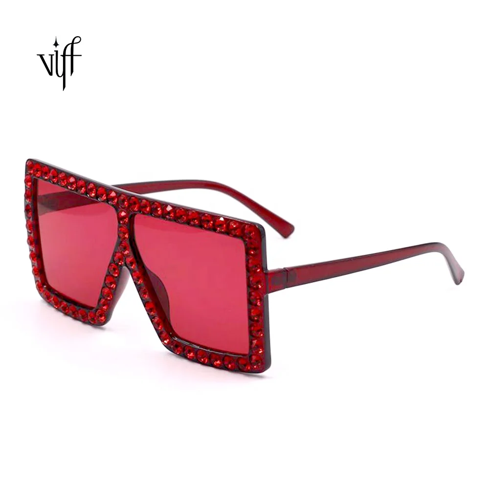 

Red Rhinestone Sunglasses VIFF HP20283 Big Frame Oversized Rhinestone Sunglasses