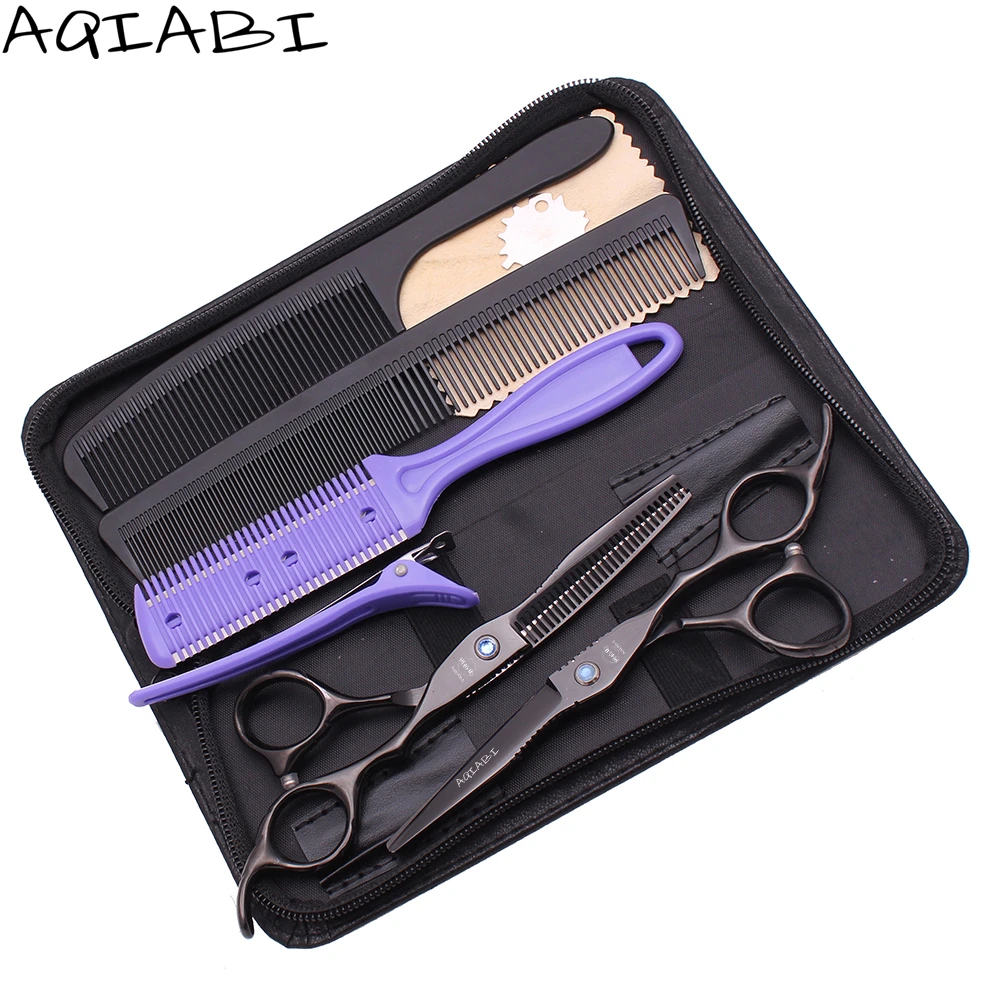 

Hair Cut Set 5.5" 6'' AQIABI Japanese Steel Black Hair Cutting Scissors Thinning Shears Professional Scissors A1011