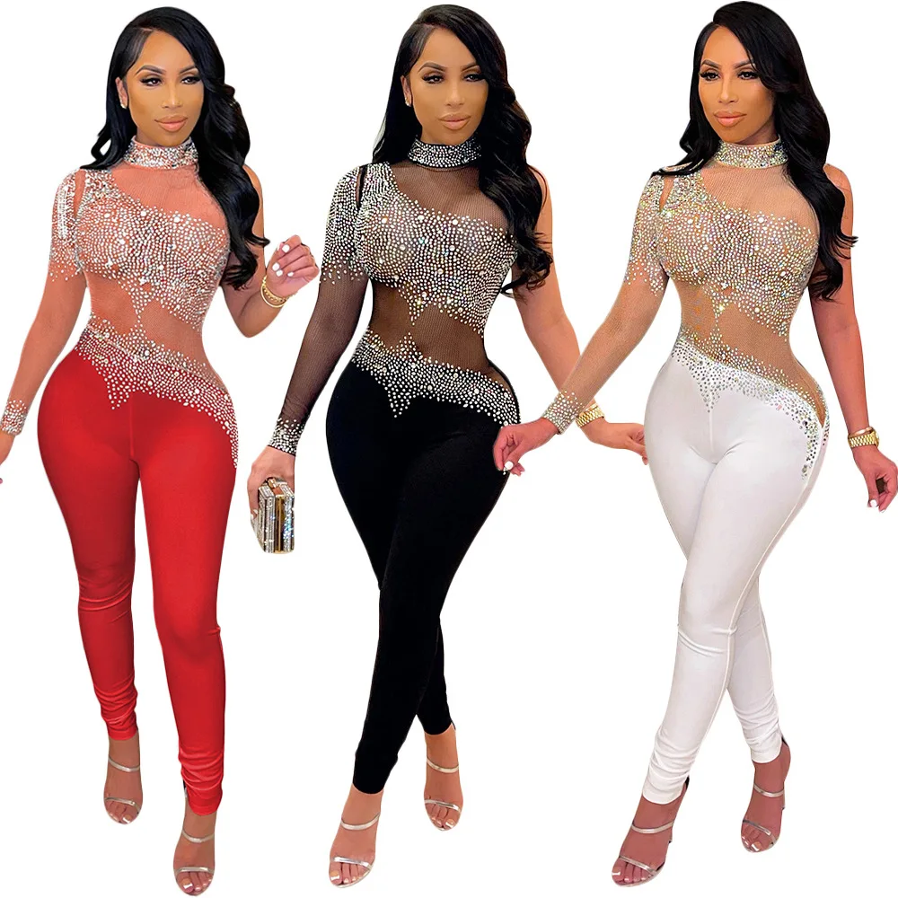 

2022 women clothes Long Sleeve Bodysuit Lady Elegant Sexy Shiny Rhinestones Jumpsuits Women, Picture