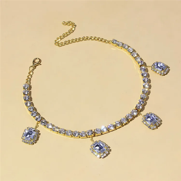 

European And American Fashion Single Row Beach Pendant Anklet Hot New Square Rhinestone Anklet, Gold,silver