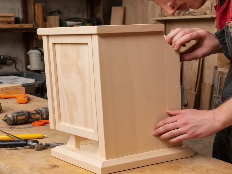Woodworking hands assembling lectern frame