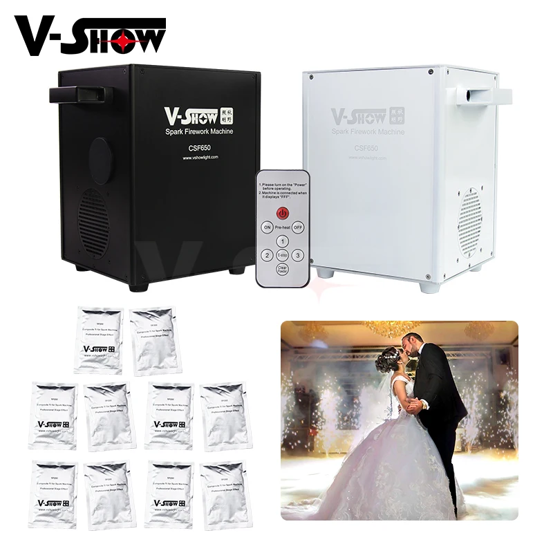 

2pcs and 10 bags powders Wedding Mini Spark Machine 650W Stage DJ Performance Stage Effect Machine DMX Remote Control