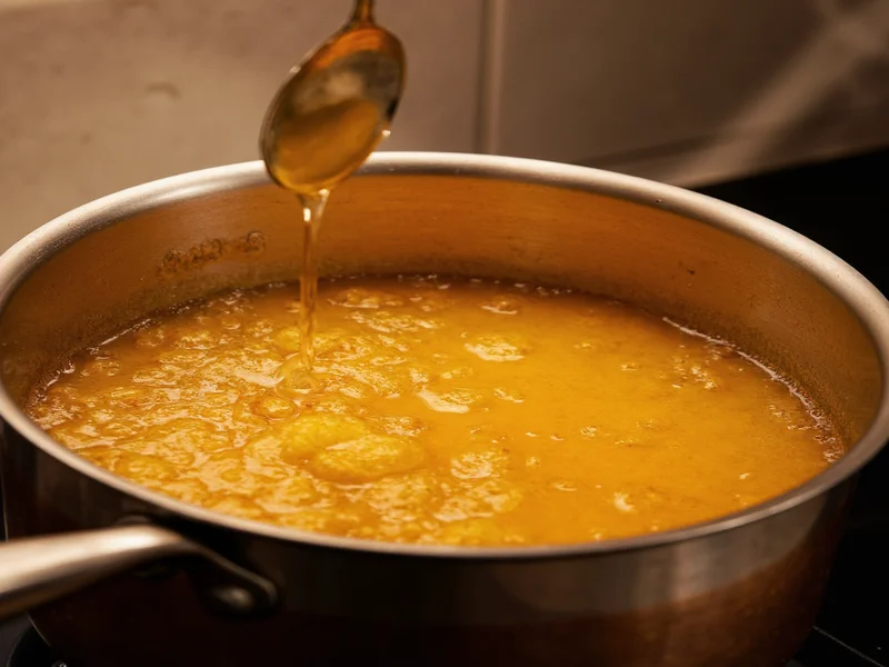 Golden toffee bubbling in saucepan showing honey-amber color stage