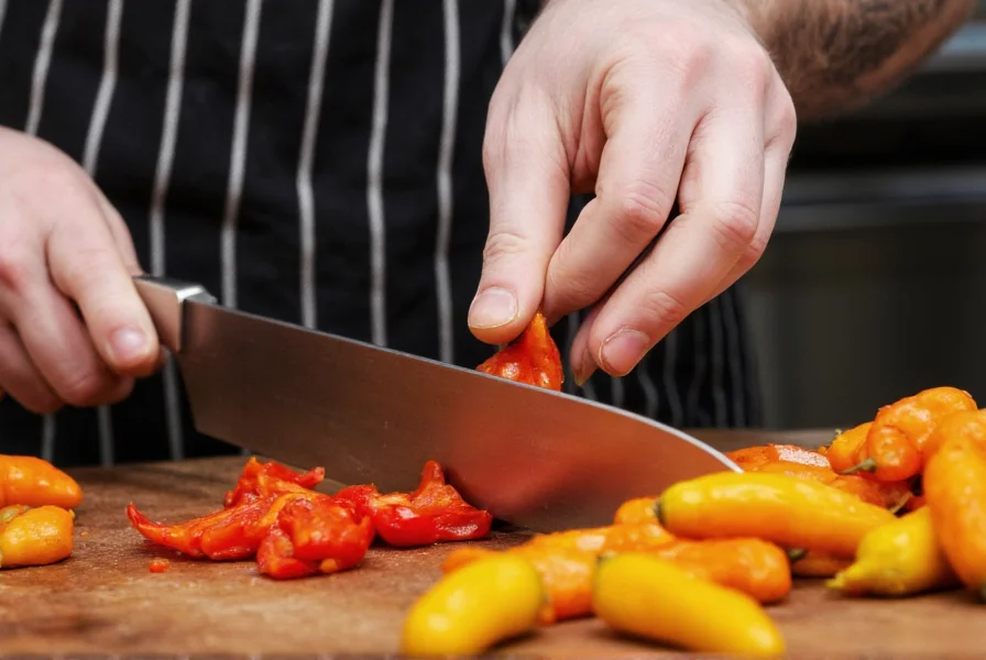 Chef carefully chopping Scotch bonnet peppers while wearing protective gloves for safe handling of high scoville peppers