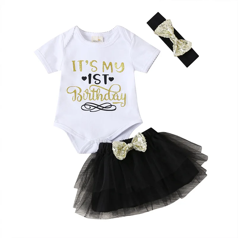 

Spring Summer Infant Toddler Short Sleeve Its My 1st Birthday Romper Tutu Skirt Headband Set Baby 1st Birthday Outfit, Photo showed and customized color