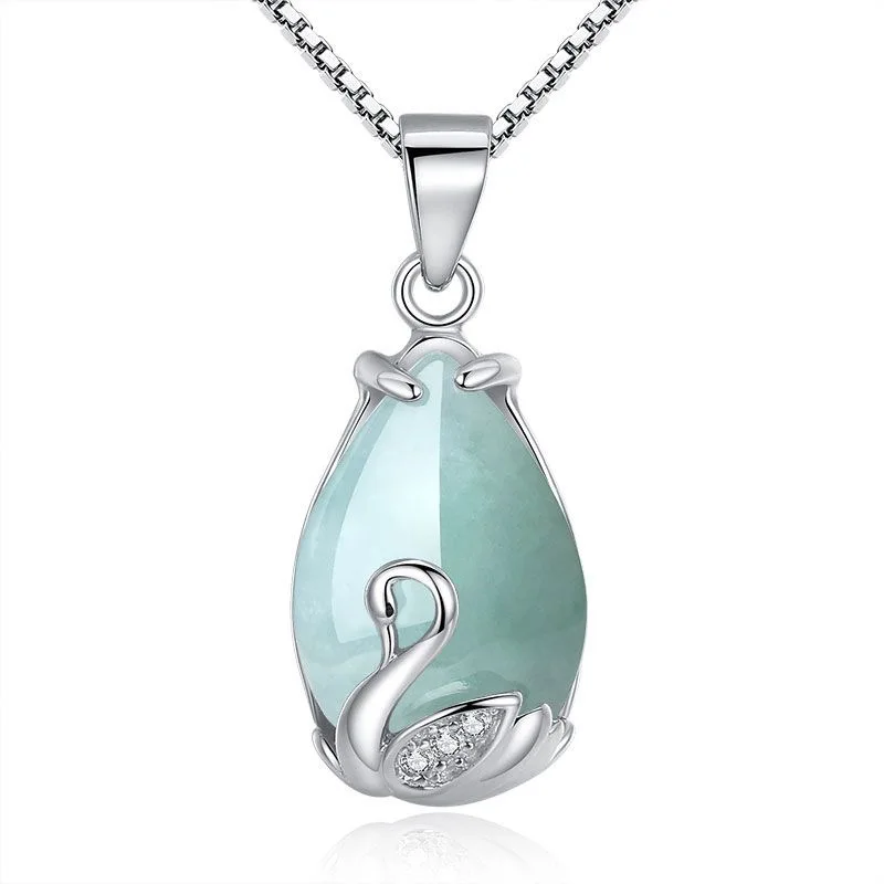Jadeite Factory Wholesale 925 Silver Inlaid Natural Swan Jade Pendant Necklace Simple Necklace Female