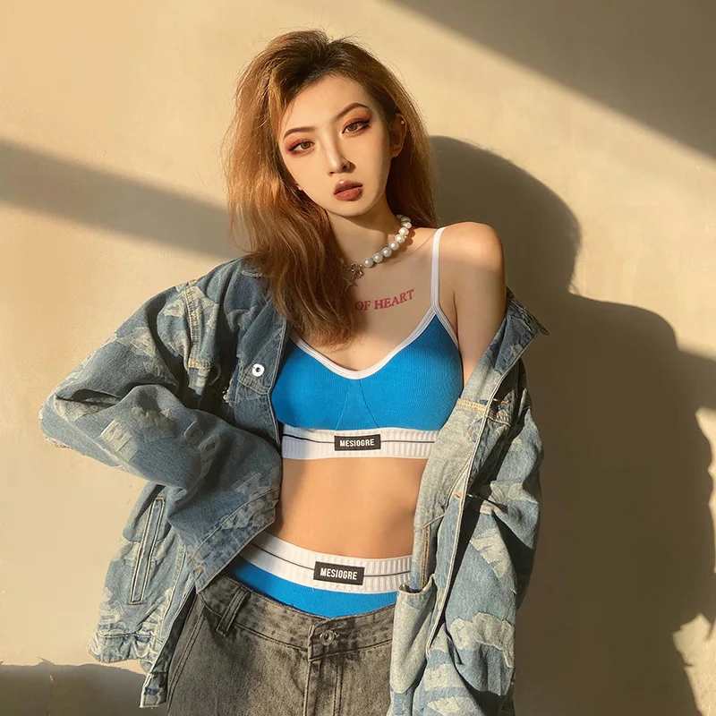 

Wholesale Custom Logo Women Letter Print Cotton Ribbed Seamless Vest Bra And Panty Set