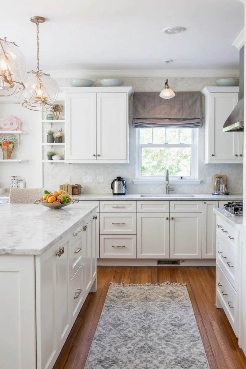 Modern white and gray bar stools at a kitchen island