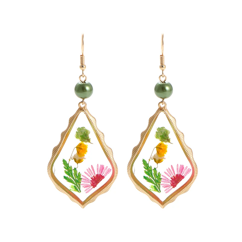 

KOMI Natural Dried Flowers and Plants Earrings Resin Flower Jewelry Pearl Geometric Dangle Earrings