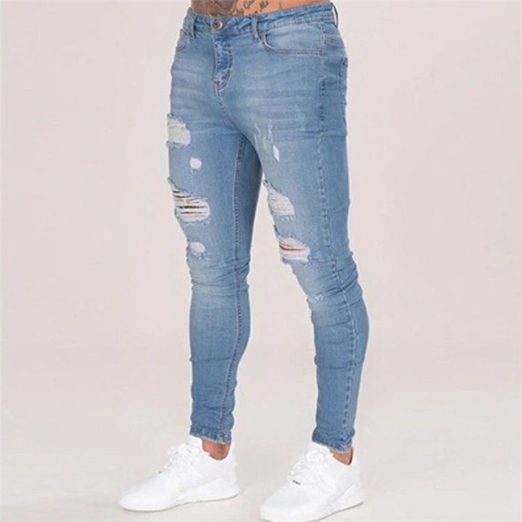 

Hot Sell Men's Casual New Fashion Washed Skinny Jeans Solid Tight Pants Jeans Knee hole Pencil, 2 color